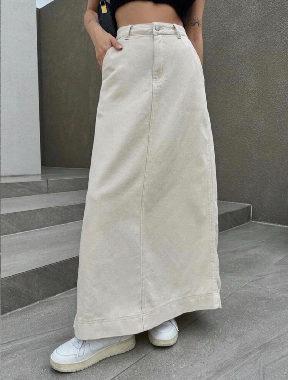 New Beige High Waist Denim Skirt with slit S - photo 2