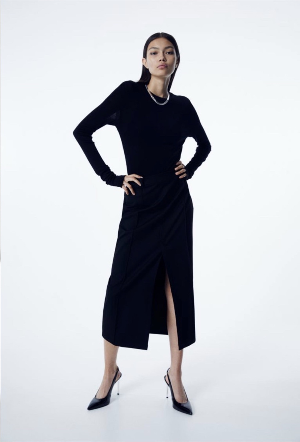 H&M new black slit-hem twill midi skirt M 38 - photo 2