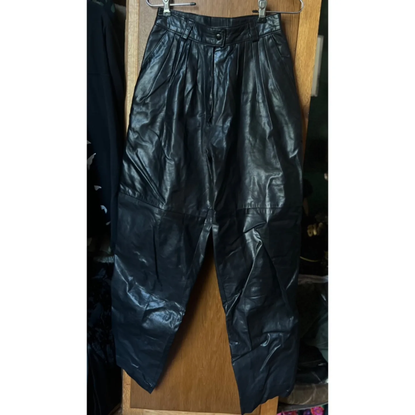 Black REAL leather vintage high-waisted pleated pants thumbnail