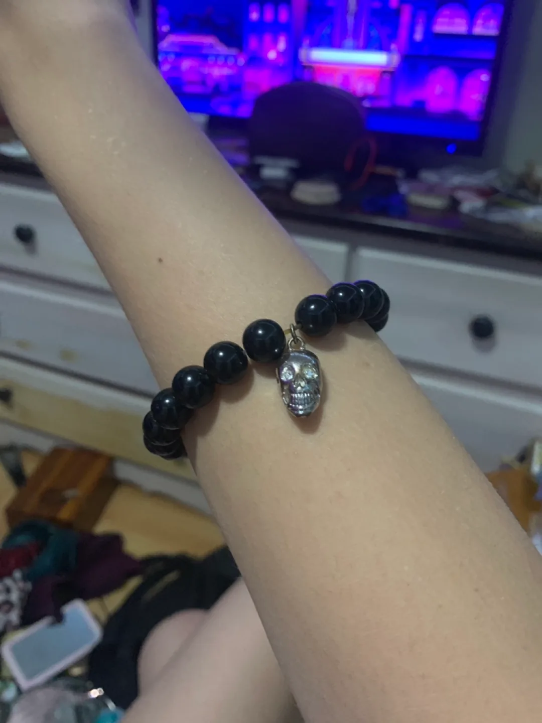 Black Bead Bracelet with Skull Charm thumbnail