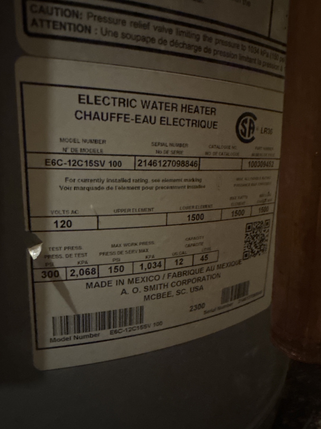 AO Smith Electric Water Heater - 45 US Gallons - photo 2