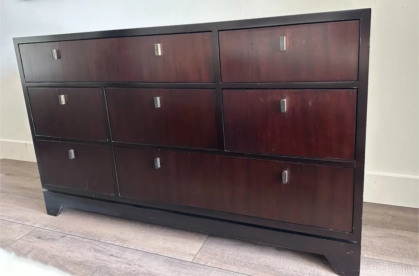Crate and Barrel Wide Brown Wood Dresser with 7 Drawers thumbnail