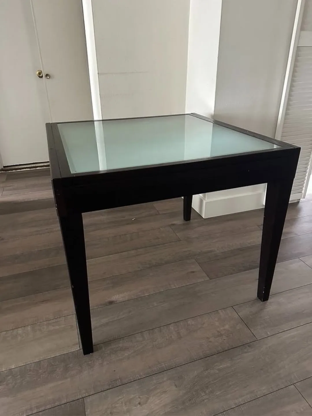 Square Glass Top Dark Wood Expandable Dining Table thumbnail