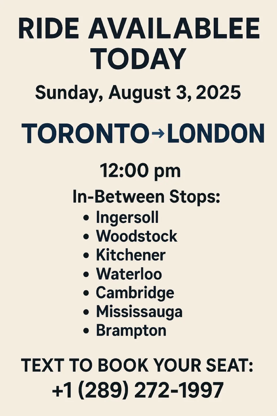 🚗 Toronto to London Ride Today – 12:00 PM Departure! thumbnail