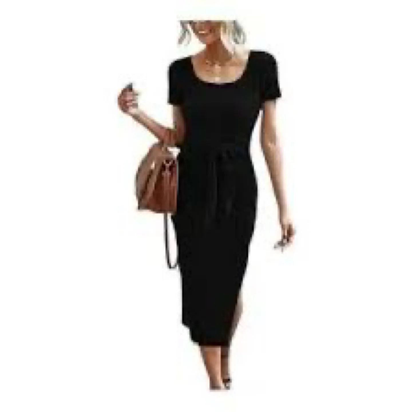 Black Short Sleeve Tie-Waist Midi Dress thumbnail