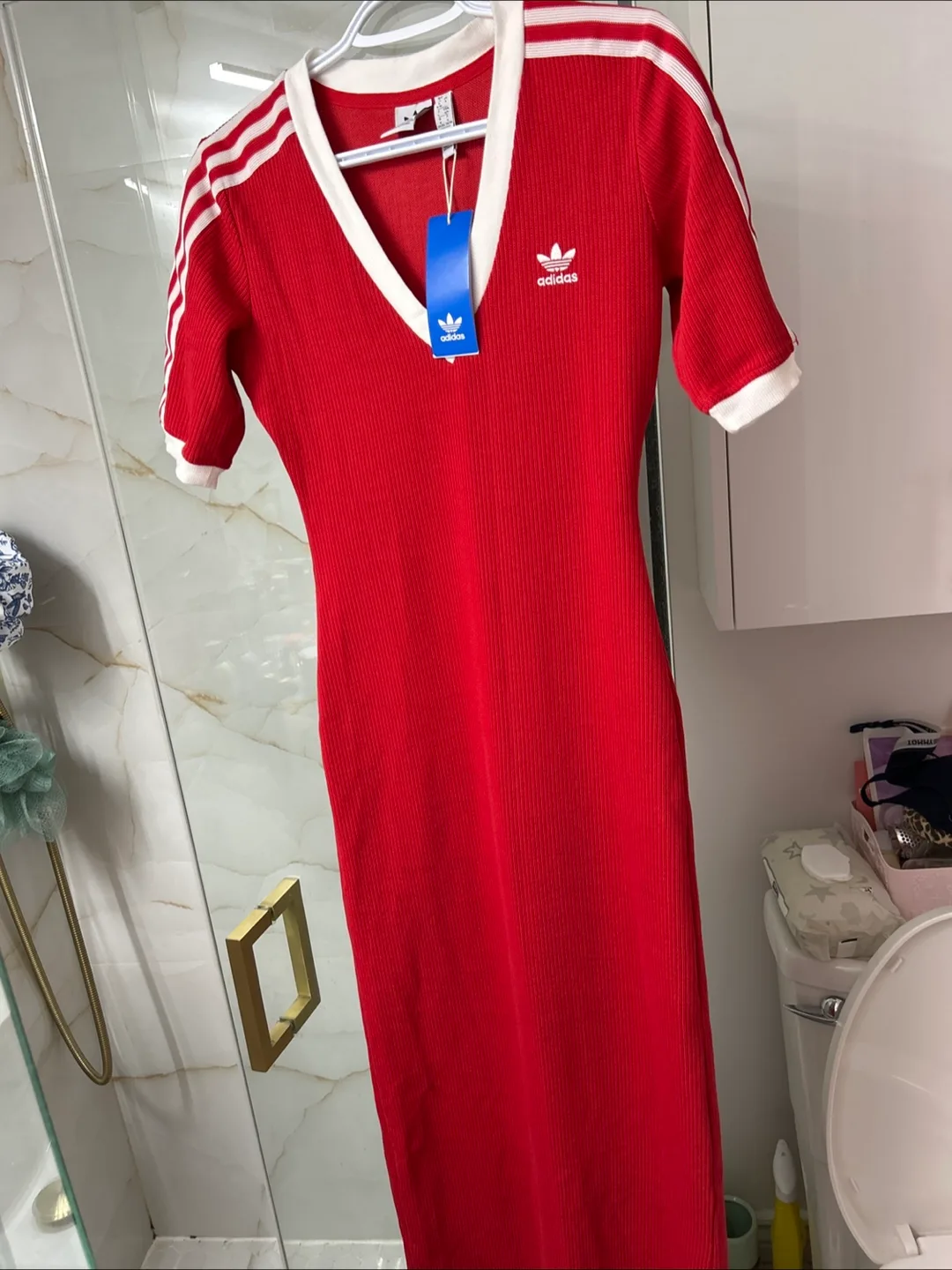 Adidas Red Ribbed V-Neck Dress thumbnail
