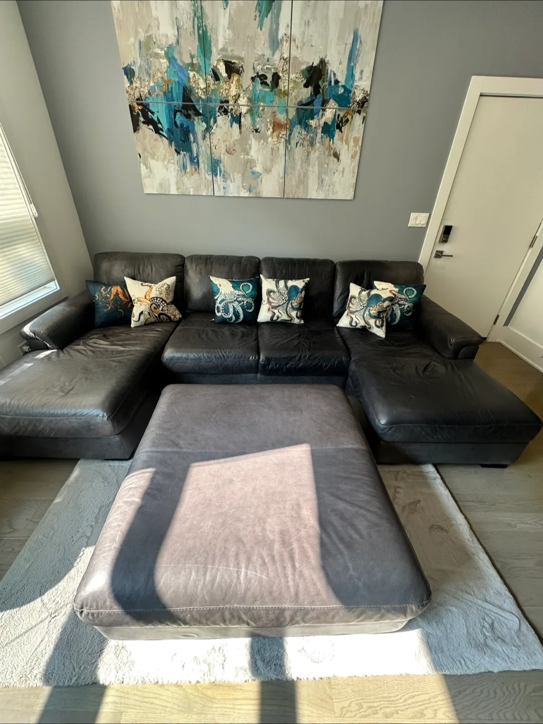 Gray Leather Sectional Left & Right Facing Chaise Sofa + Ottoman thumbnail