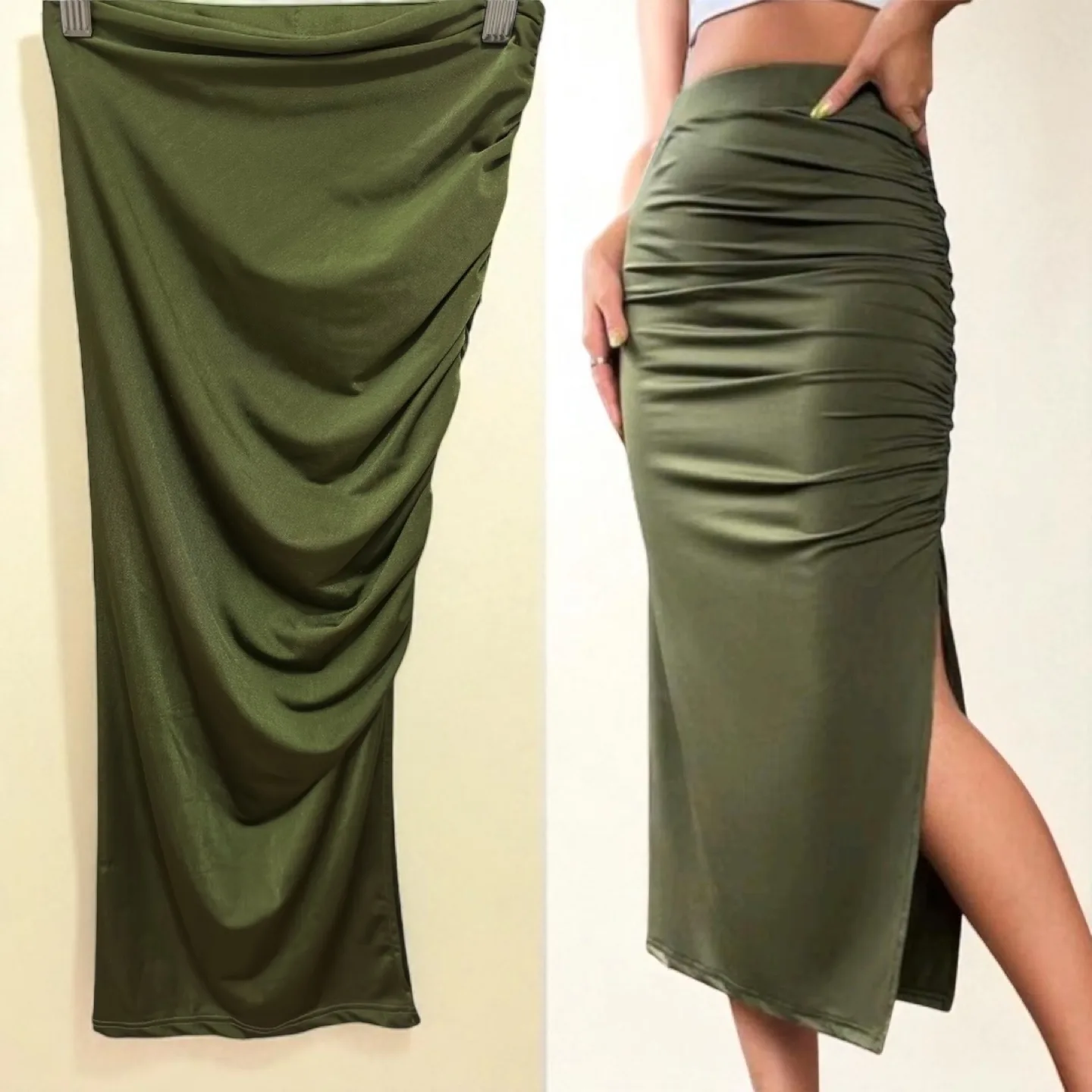 Set Yellow Knit Halter Top & Olive Green Ruched Skirt (XS/S) image indicator(3)