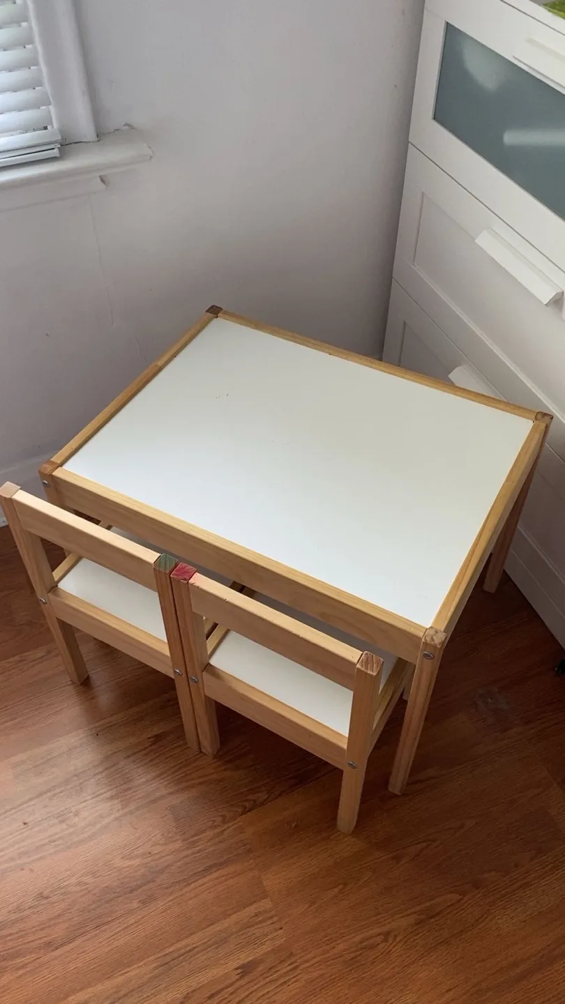 IKEA Children's table and 2 chairs, white/pine thumbnail