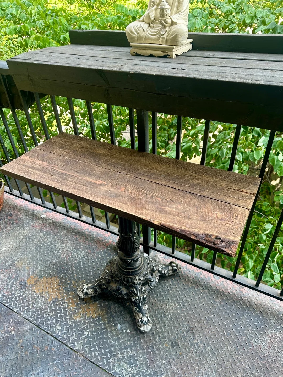 ANTIQUE CAST IRON PATIO BISTRO CAFE TABLE RECLAIMED WOOD thumbnail
