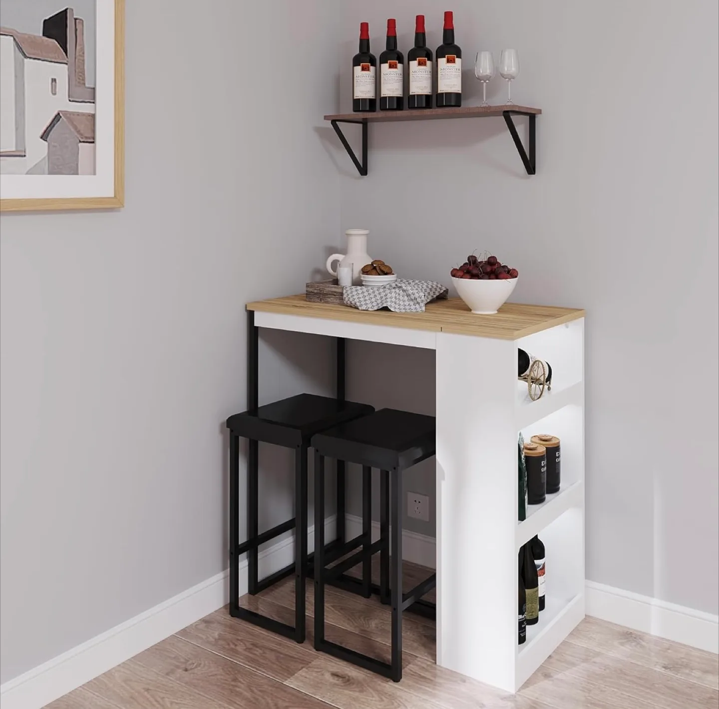 Bar Table with 2 Stools - White/Black with storage