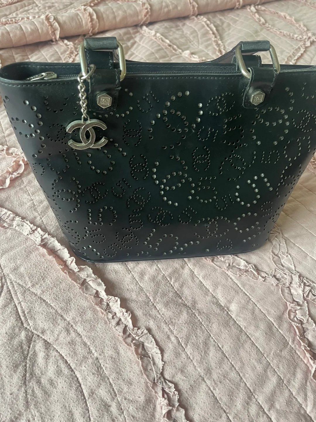 Black Perforated Leather Tote Bag thumbnail