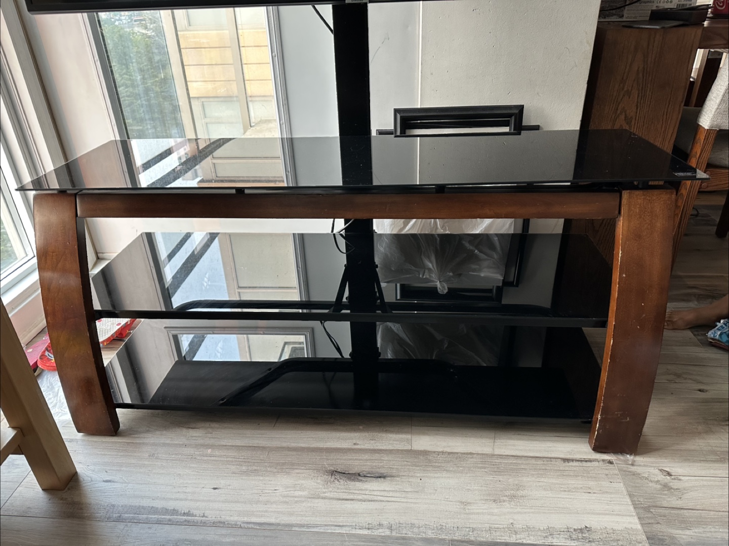 Glass TV Stand with Wood Trim