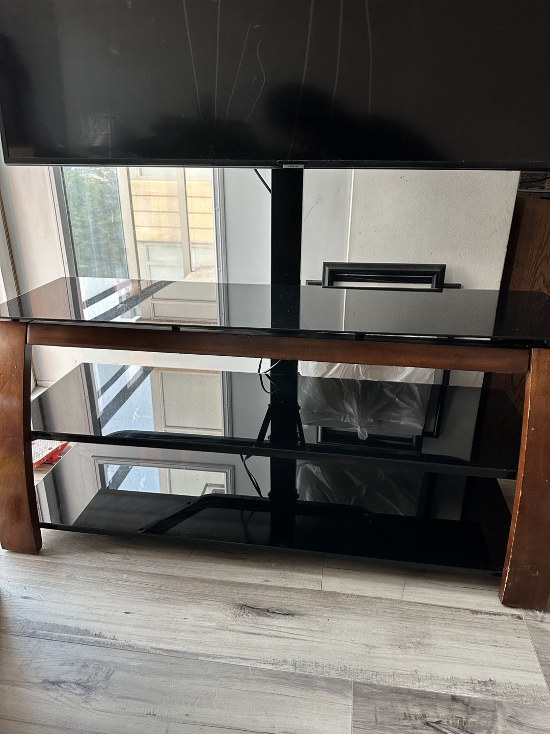 Glass TV Stand with Wood Trim - photo 2