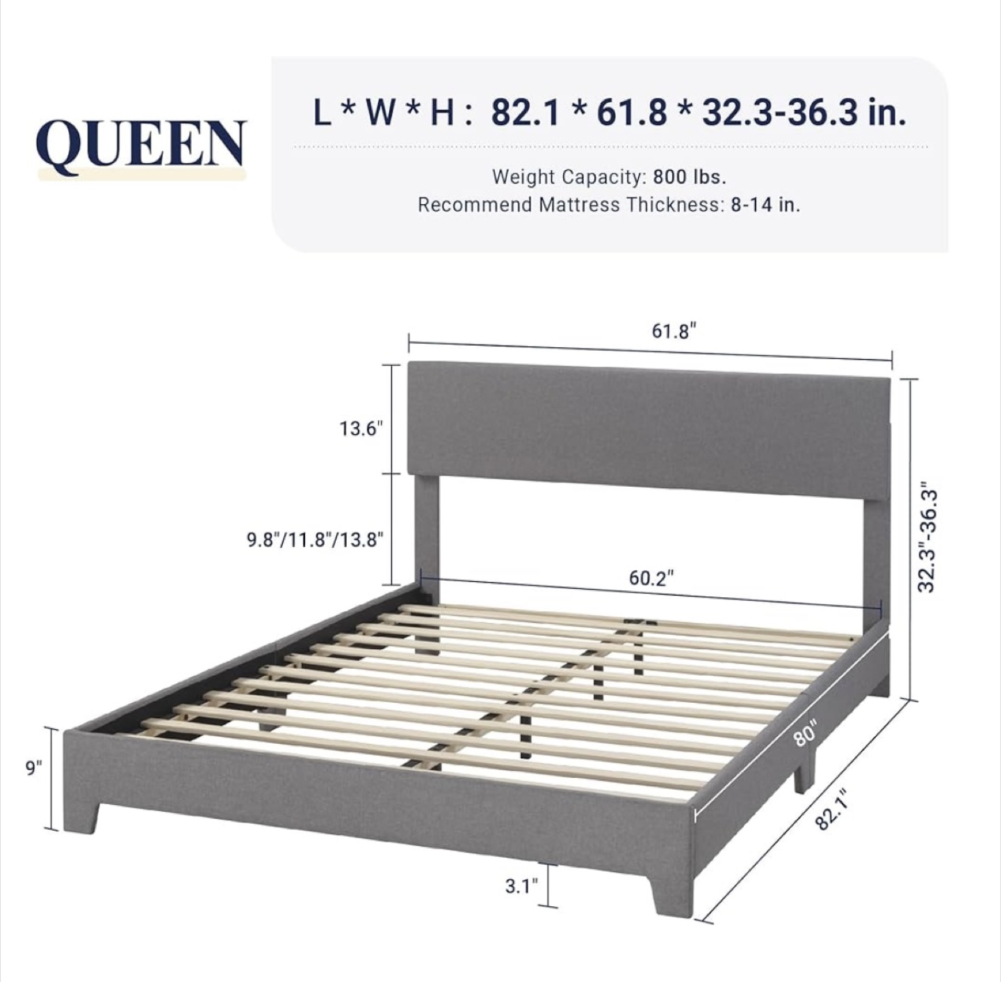 Queen Size Gray Upholstered Platform Bed Frame - photo 3