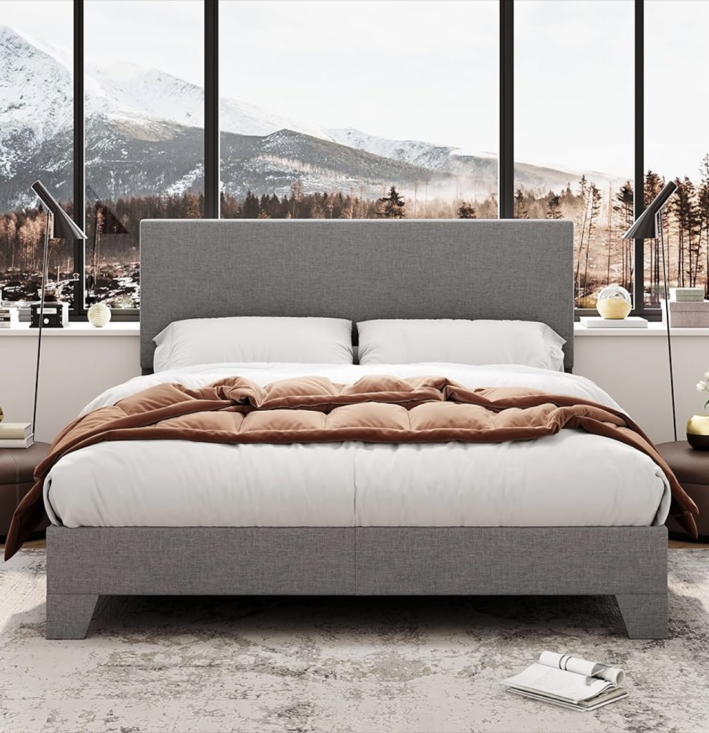 Queen Size Gray Upholstered Platform Bed Frame