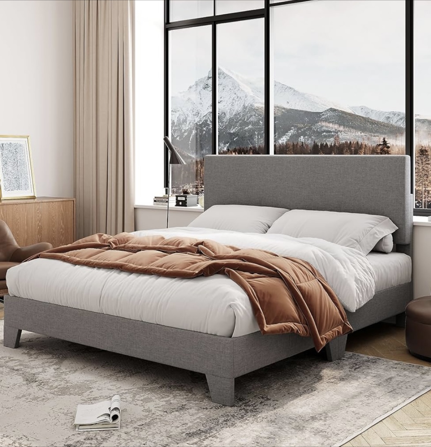 Queen Size Gray Upholstered Platform Bed Frame - photo 2
