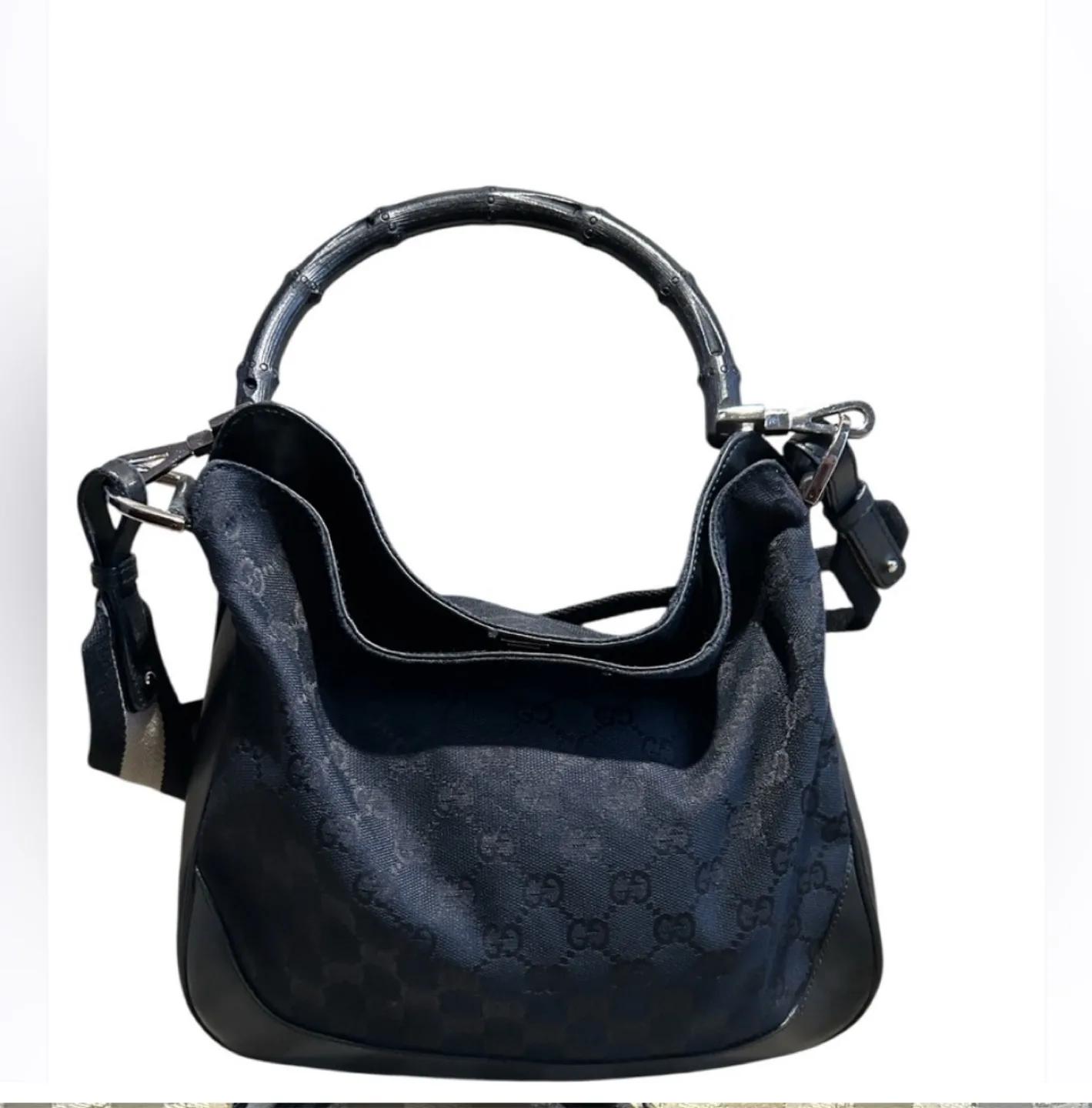 Authentic Vintage Gucci Bamboo Handle Bag – Black GG Monogram thumbnail