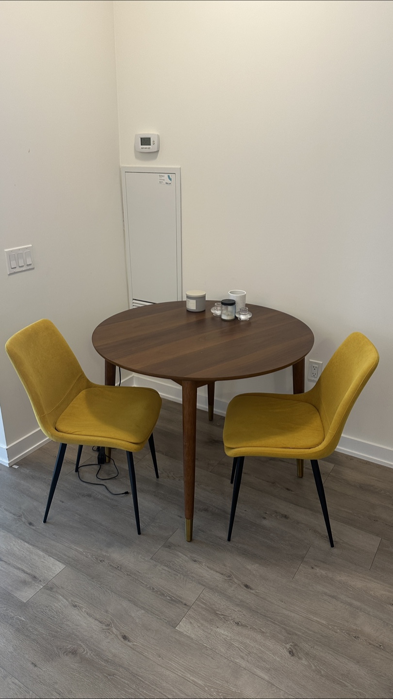 Wooden Dining Table and Two Yellow Chairs