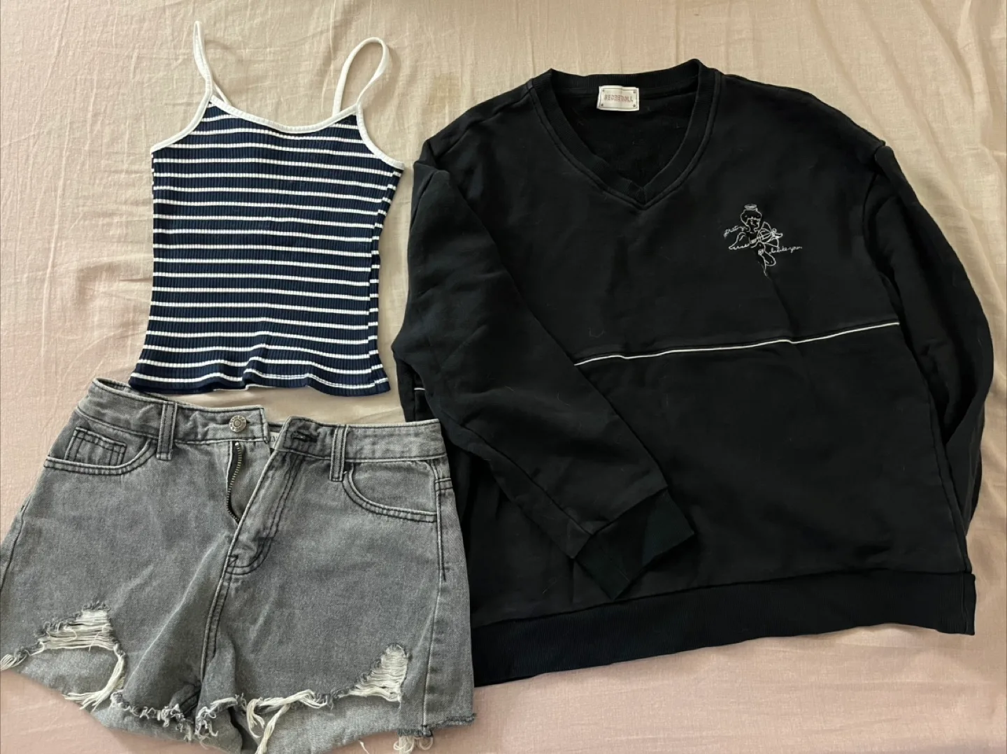 Bundle: Tank Top, Sweatshirt, Denim Shorts thumbnail