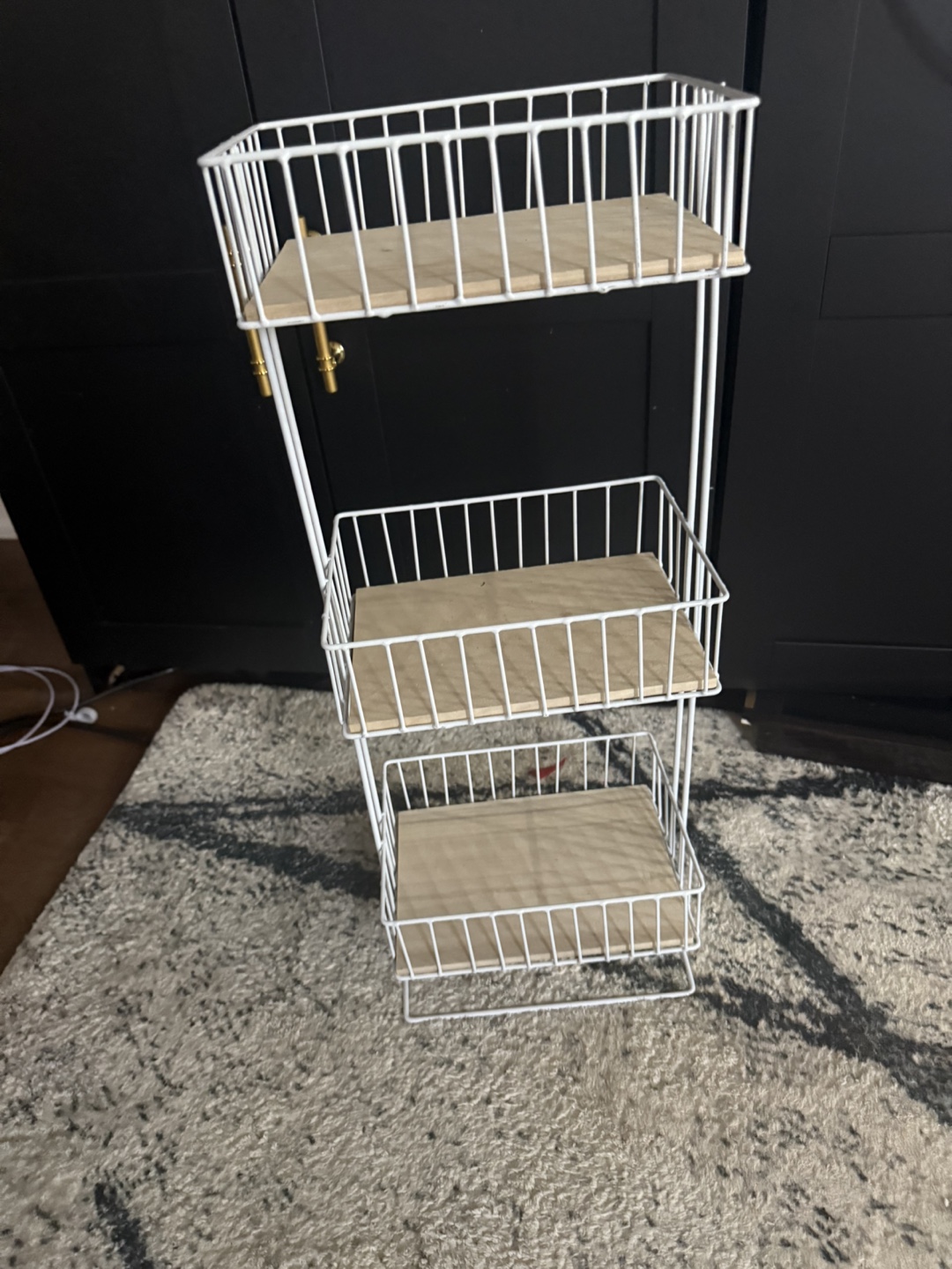 White Metal & Wood 3-Tier Basket Stand