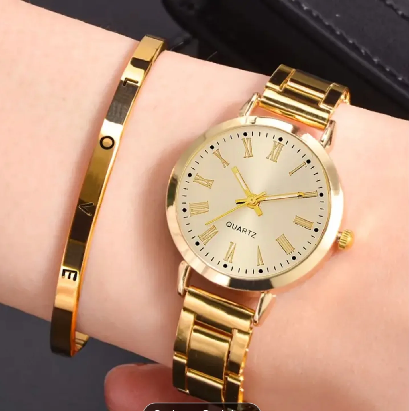 Gold Quartz Watch & Love Bracelet Set thumbnail