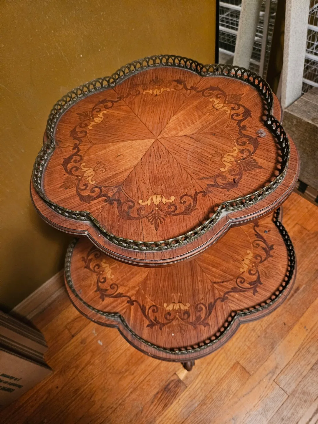 Antique Two-Tier Table – Inlaid Wood & Brass Gallery – $175 thumbnail