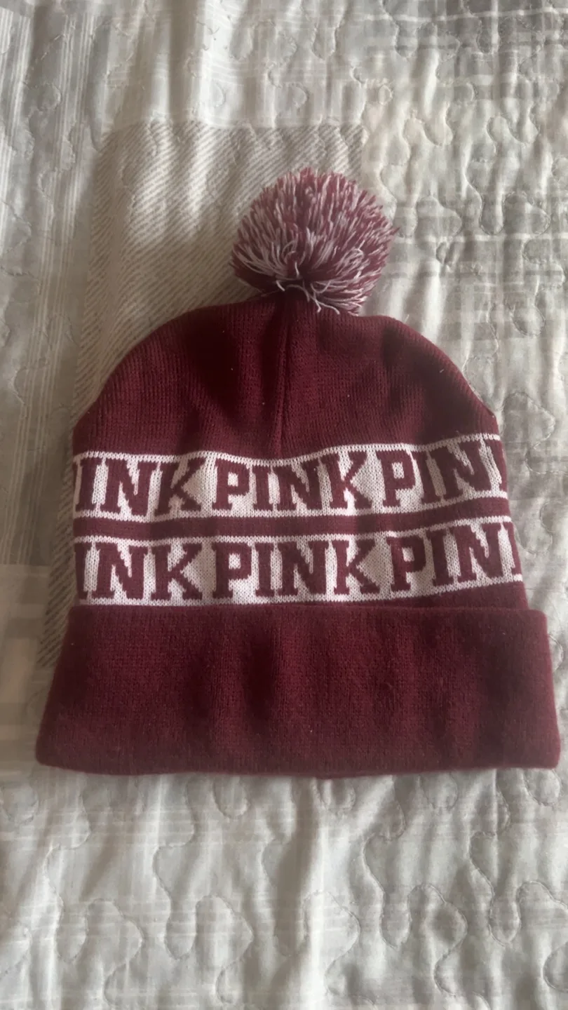 PINK Victoria's Secret Burgundy Pom Beanie thumbnail