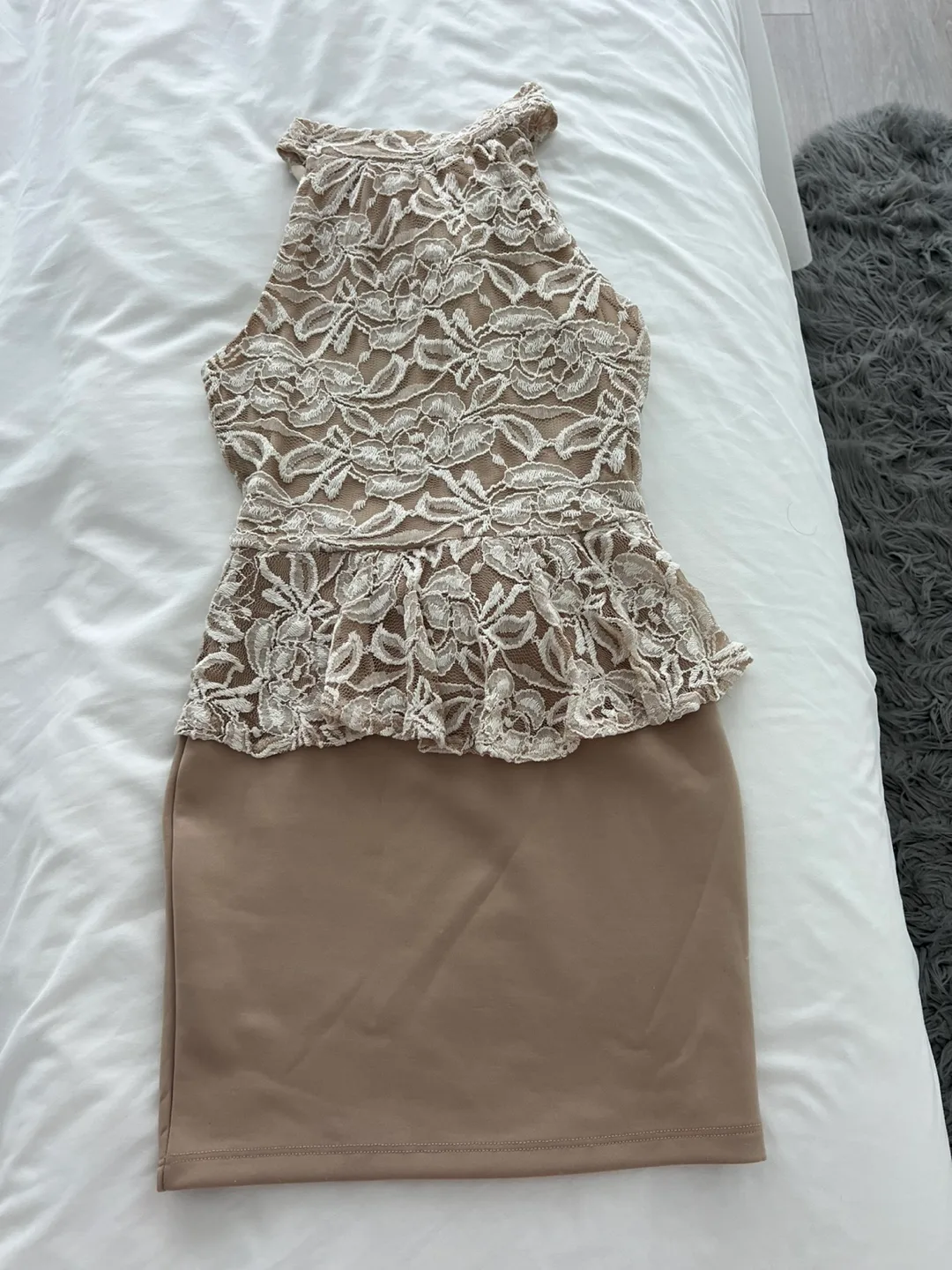 Lace Peplum Dress - Beige thumbnail