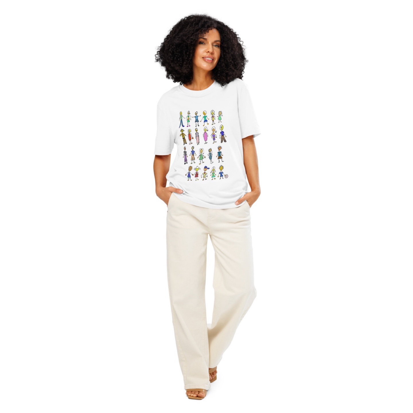 Unisex White T-shirt with Doodle Figures