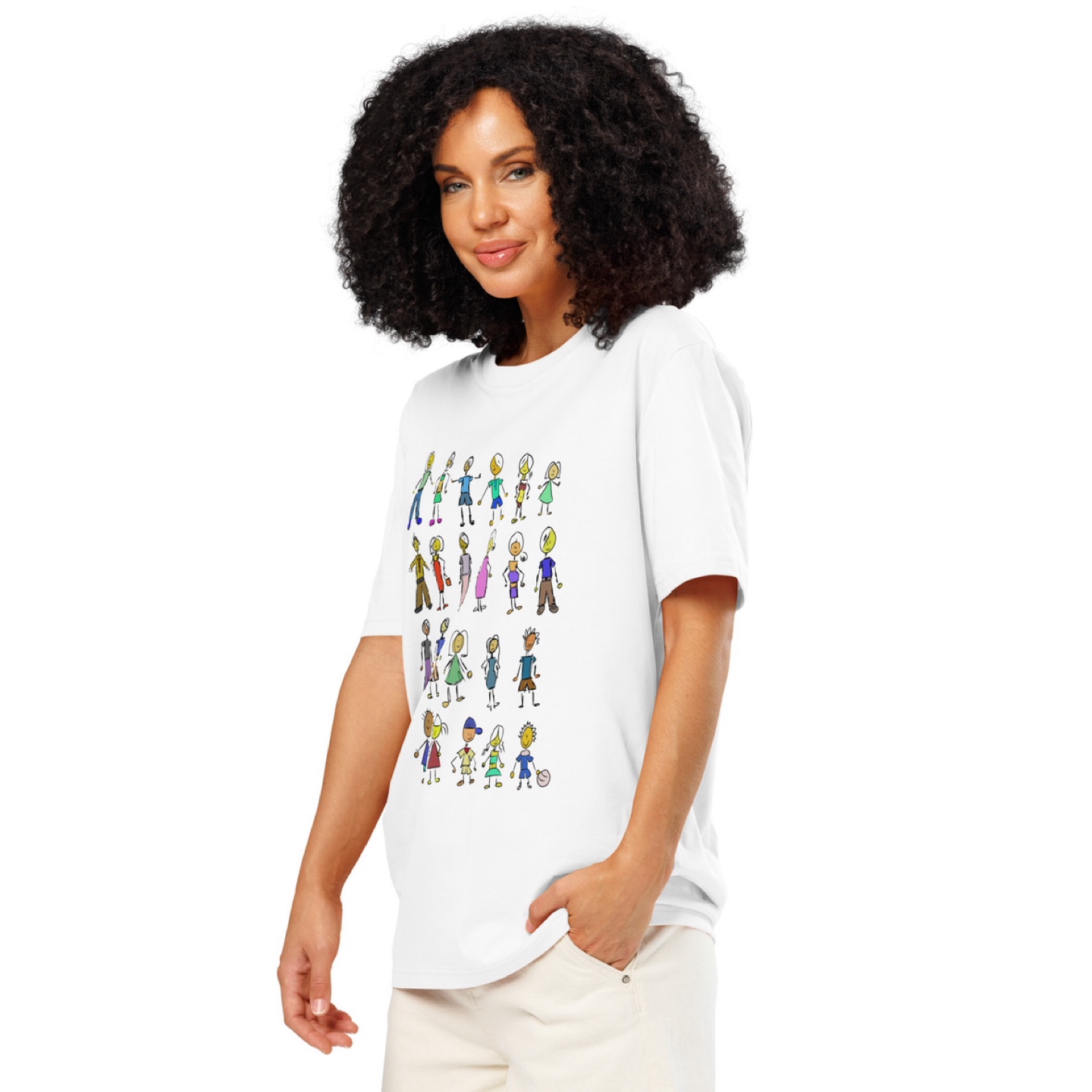 Unisex White T-shirt with Doodle Figures - photo 4