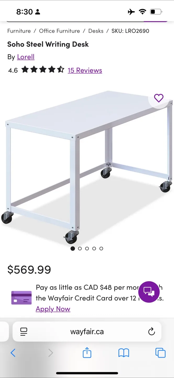 Soho Steel Writing Desk with lockable wheels. Heavy duty. thumbnail