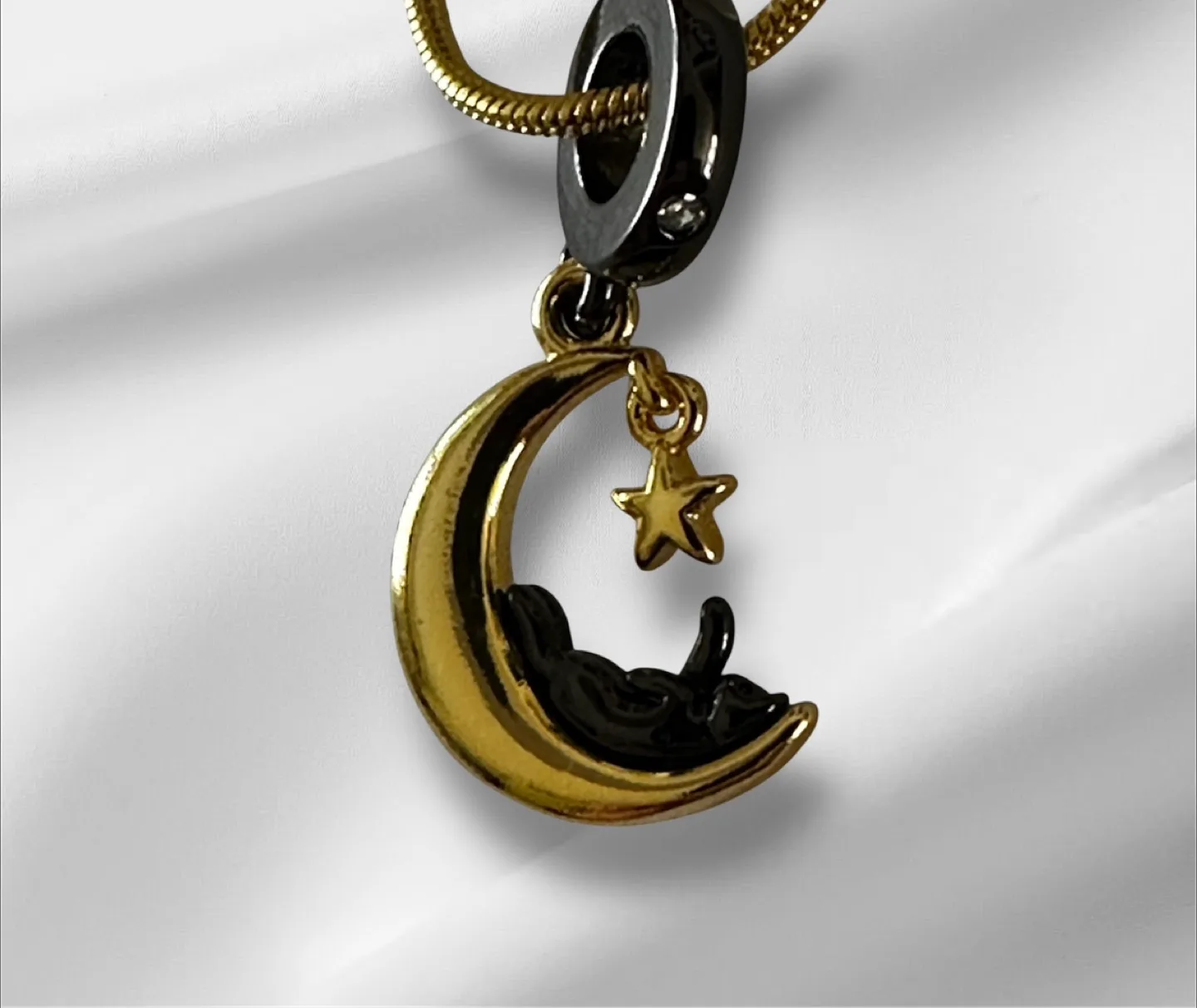 Moon & Star Charm Necklace - Gold & Black thumbnail