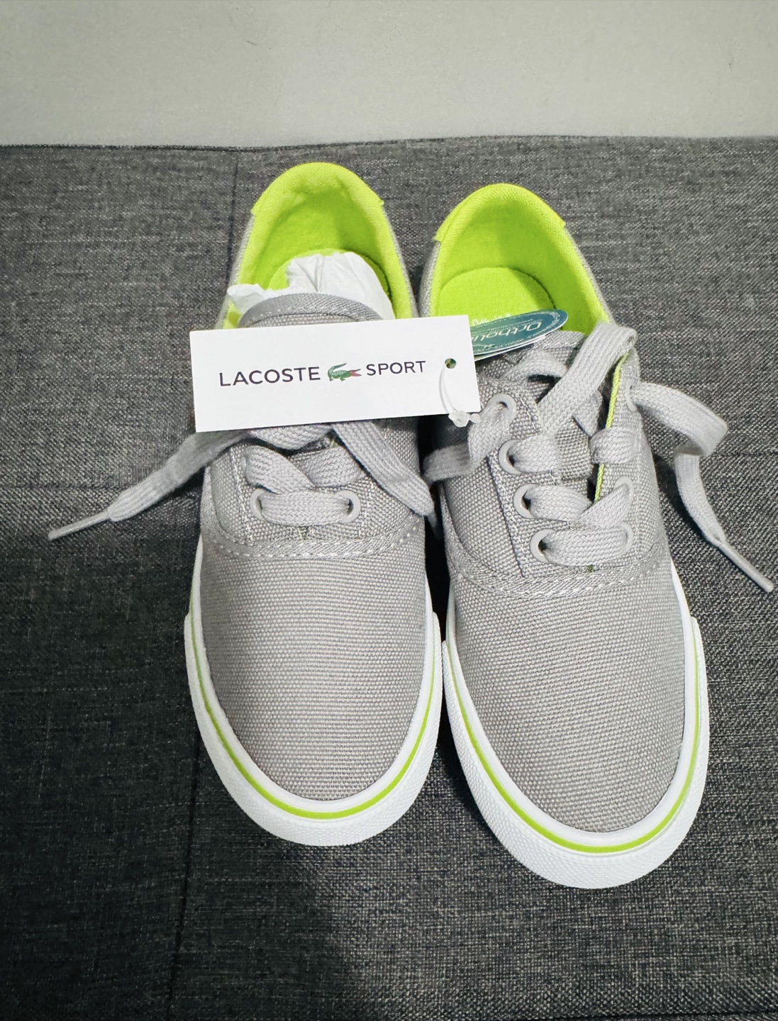 New Lacoste Bellevue Grey/Green Canvas Shoes Kids - Size 12
