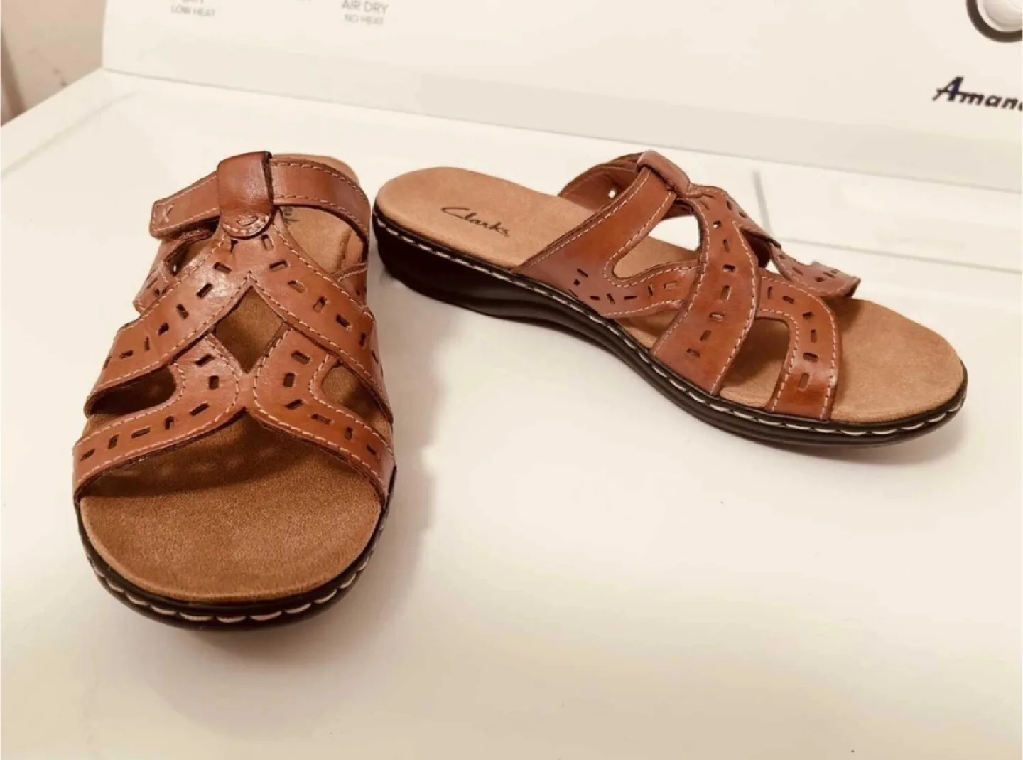Clarks Brown Leather Slide Sandals thumbnail