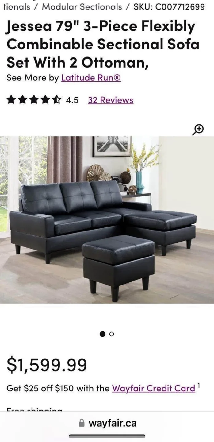 Latitude Run Jessea 79" 3-Seater Sofa with Ottoman - Black thumbnail