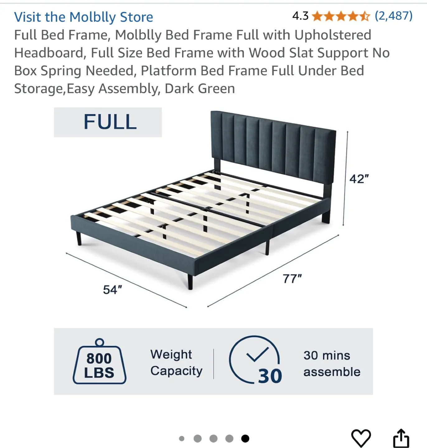 Molblly Full Size Dark Green Bed Frame and Mattress image indicator(2)