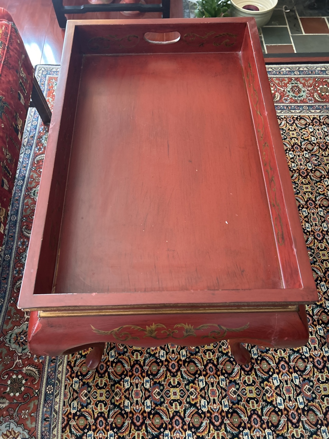 Red End Table with Gold Accents - photo 3