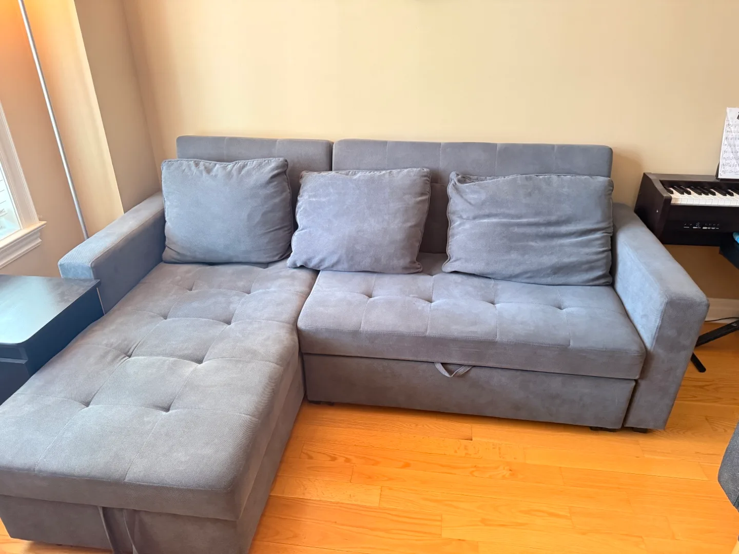 3-seater Grey-blue Sectional Sofa-bed with Chaise Lounge thumbnail