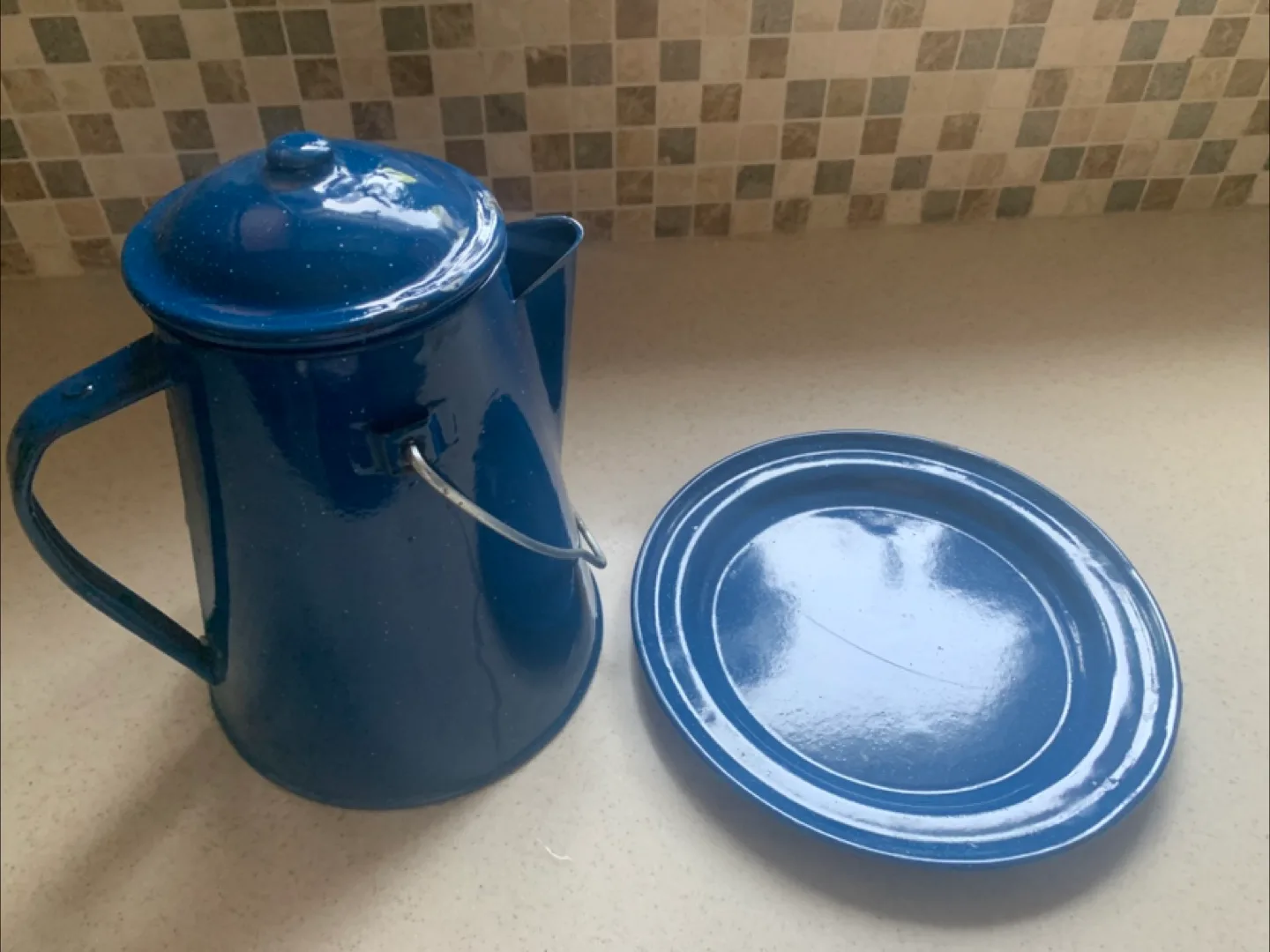 Vintage Blue Enamelware Coffee Pot with Lid & Plate thumbnail