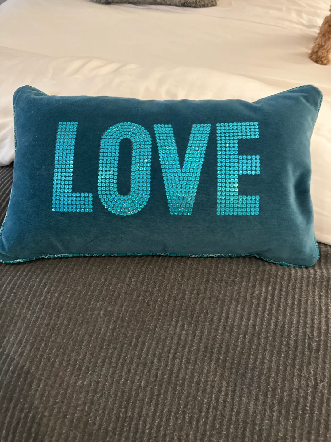 Teal Pillow with "LOVE" Sequins thumbnail