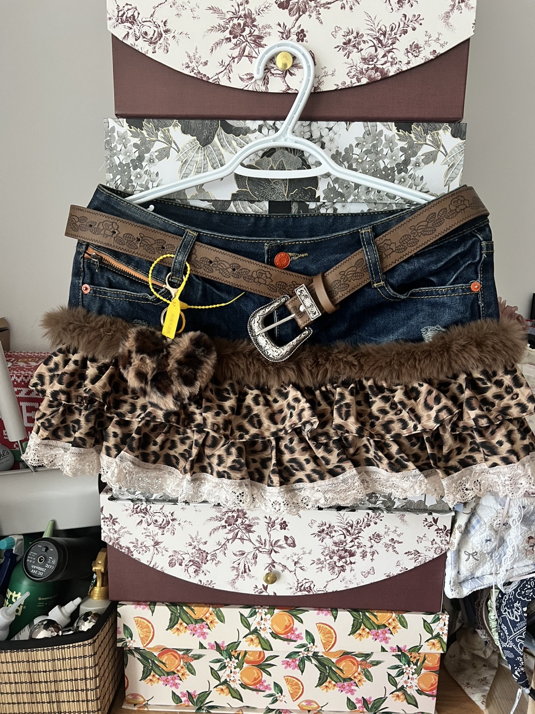 Low Rise Denim Mini Skirt with Leopard and Fur Trim