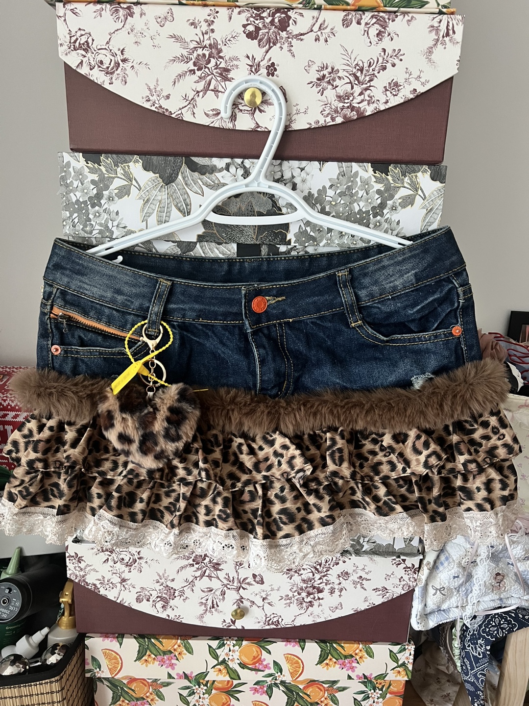 Low Rise Denim Mini Skirt with Leopard and Fur Trim - photo 2