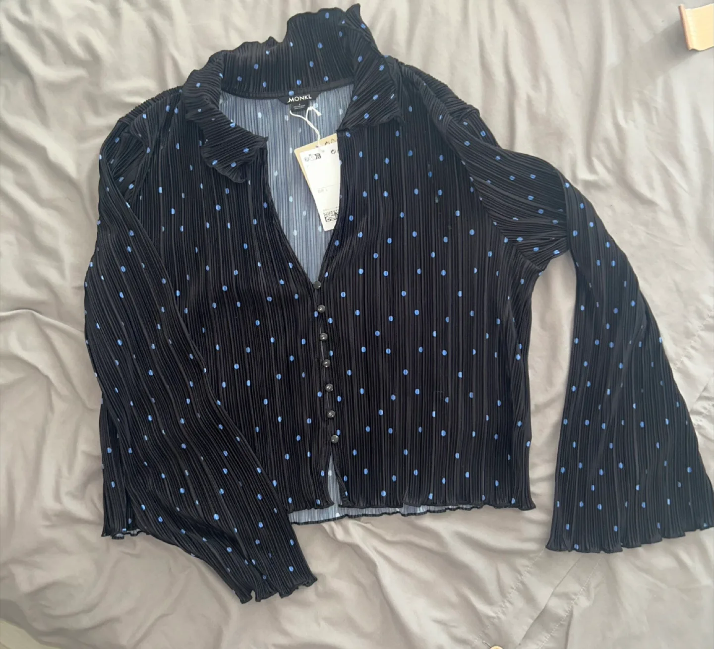 Monki Black Polka Dot Pleated Blouse - Size L thumbnail
