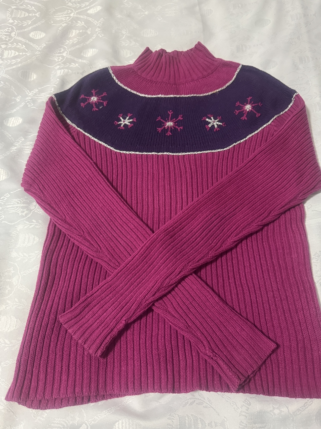 Pink Snowflake Pattern Knit Sweater -M