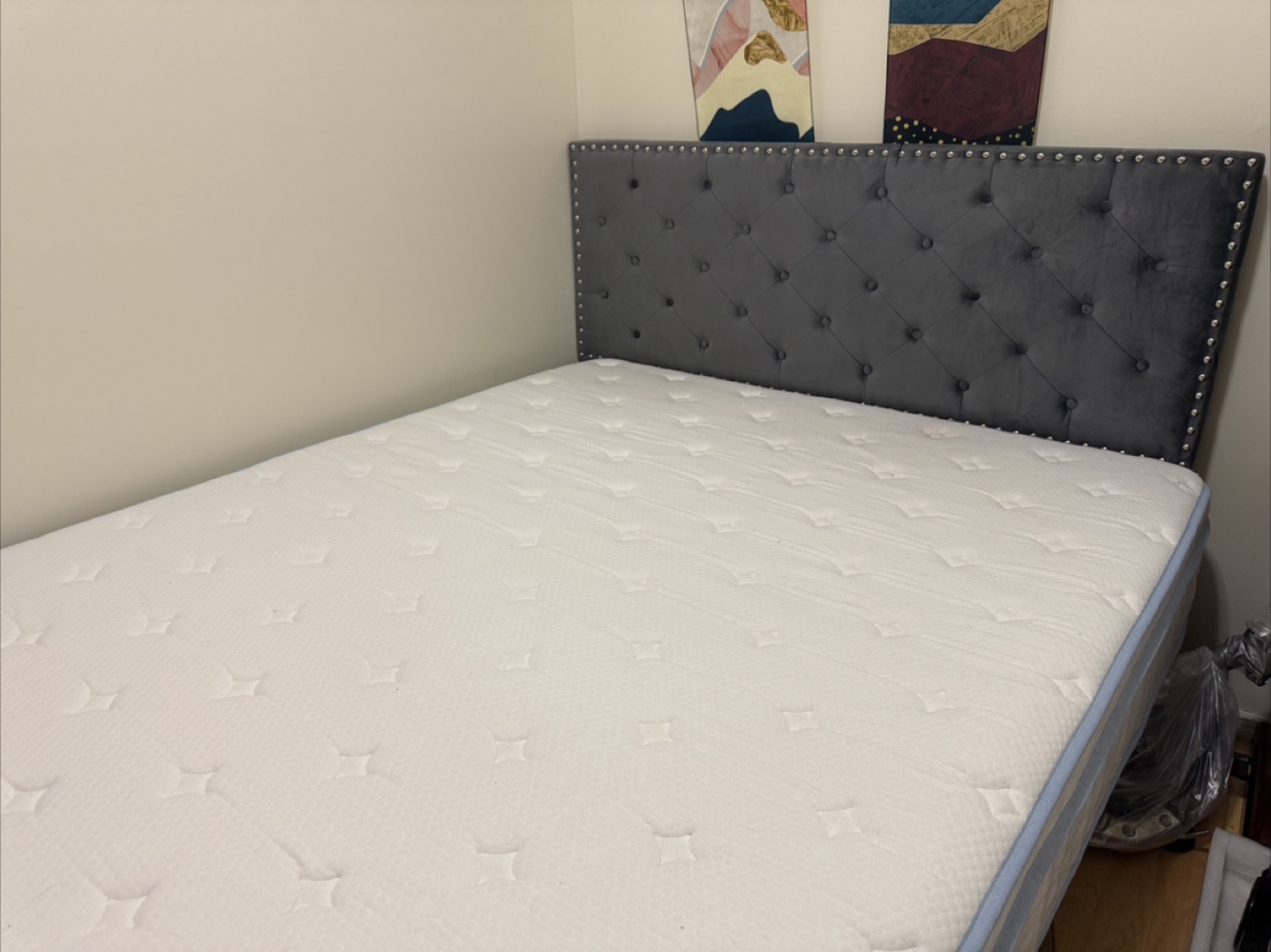 Queen Size Gray Tufted Headboard with Mattress - Like New - photo 2