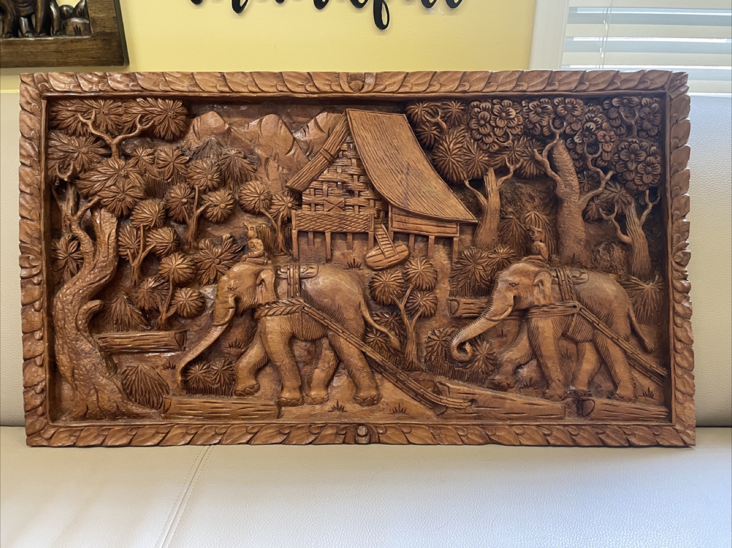 Hand Carved Wood Elephant Panel