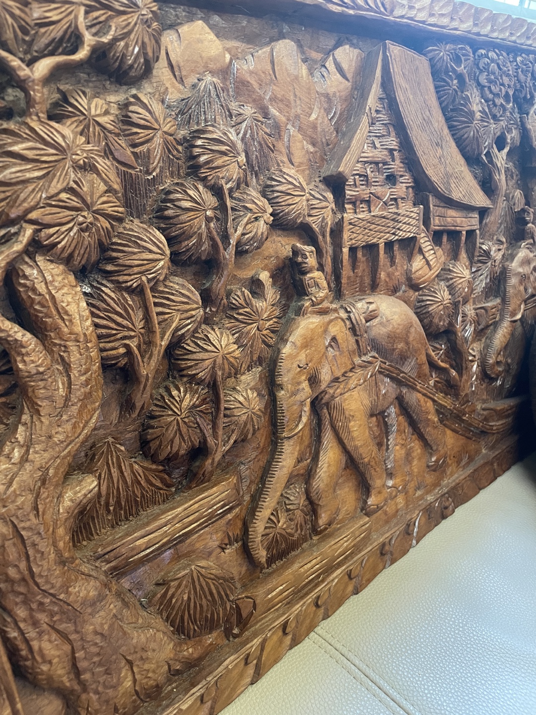 Hand Carved Wood Elephant Panel - photo 2