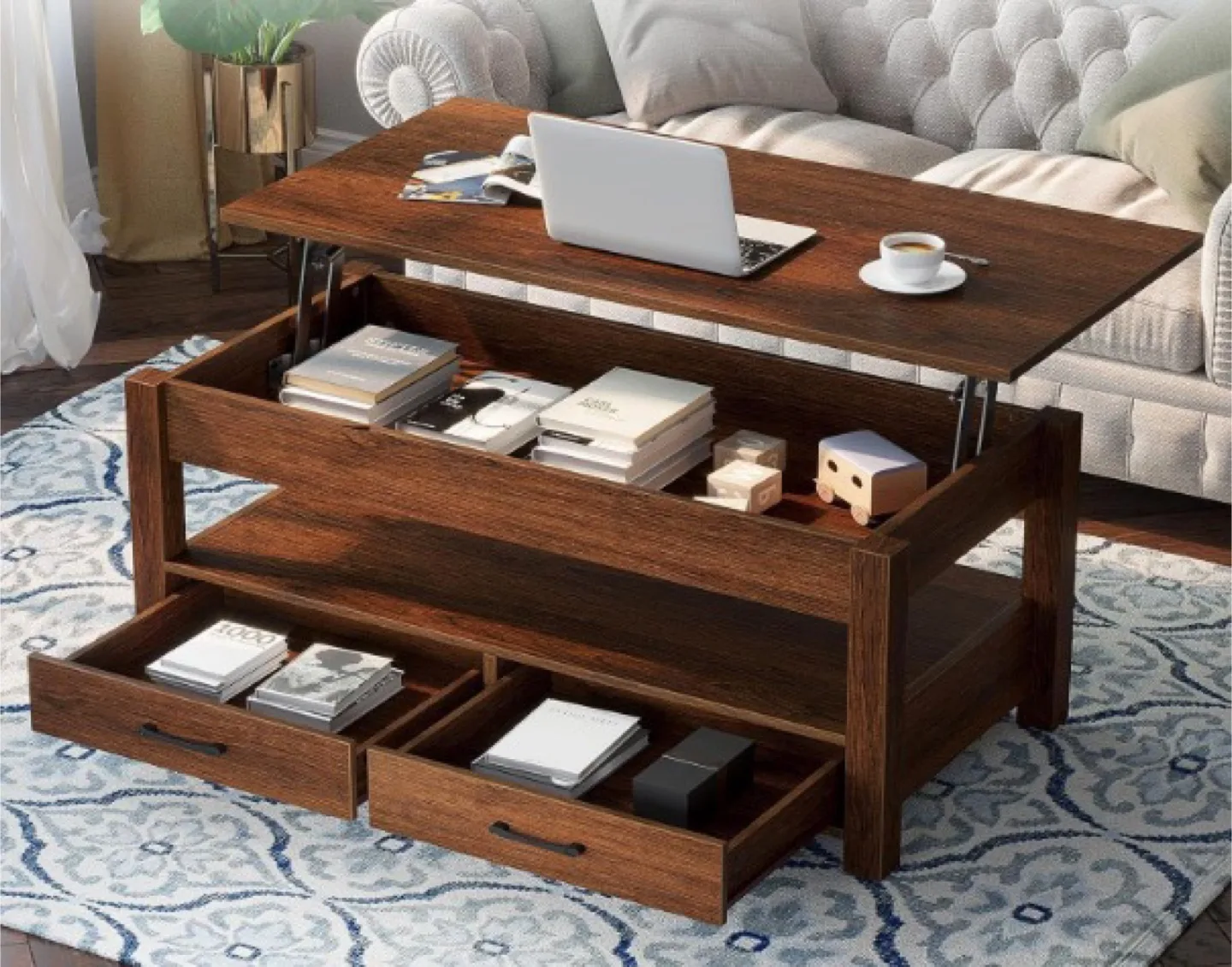 Lift Top Coffee Table with Hidden Storage & Drawers