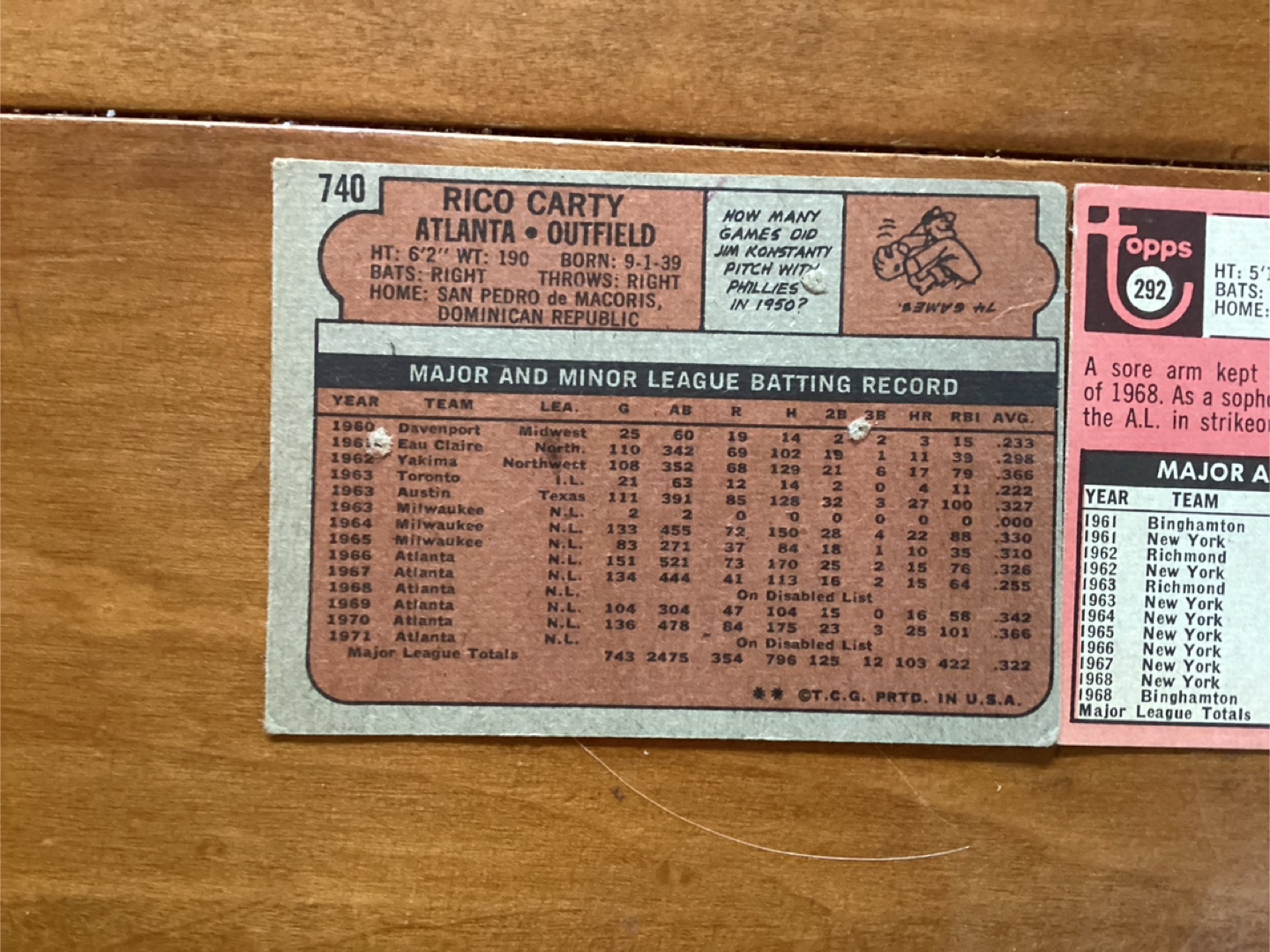 TOPPS MLB Cards 1969 AL DOWNING #292 & 1972 RICO CARTY #740 - photo 5